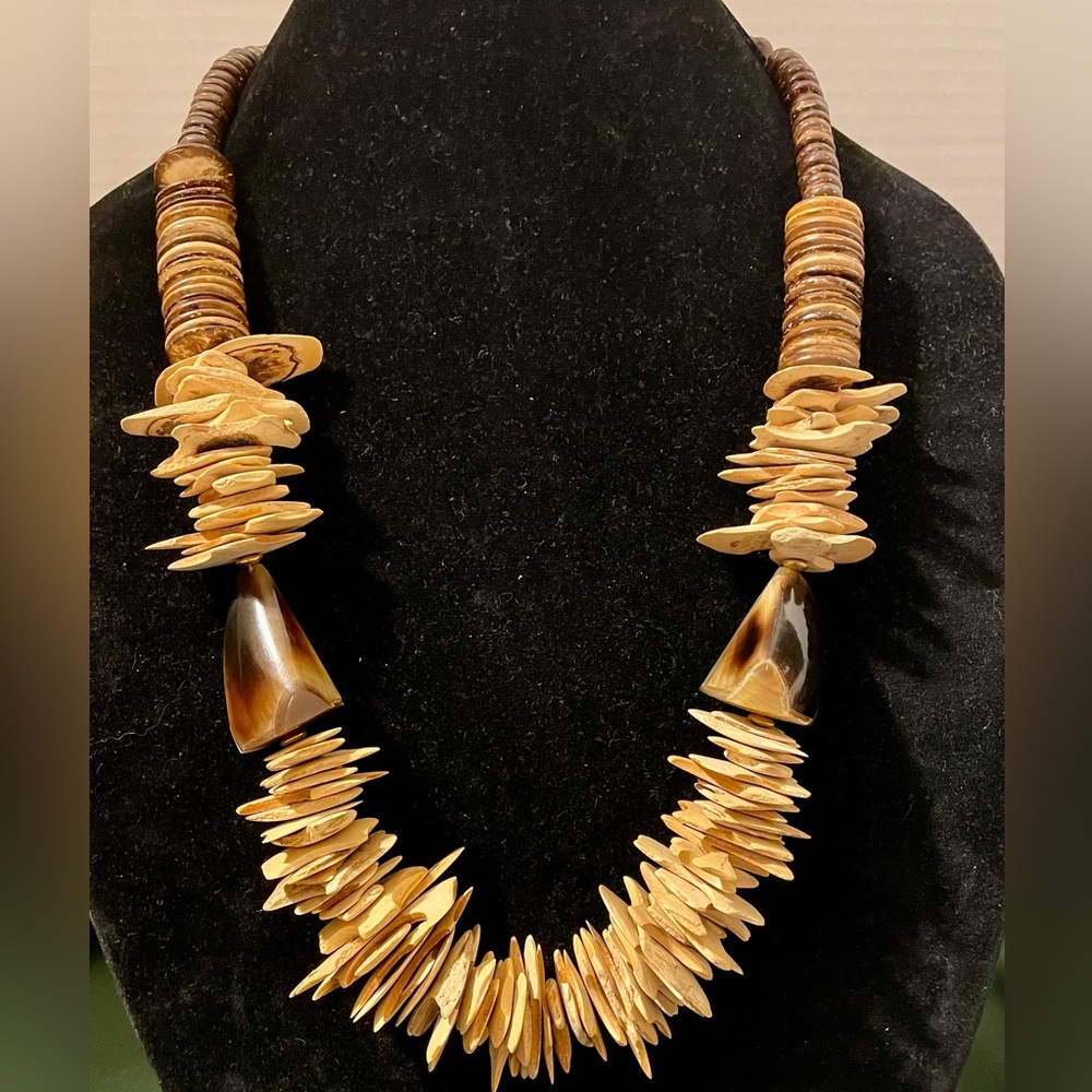 Rustic Wood Bead Statement Necklace in Brown and Tan. 30 inches long.
